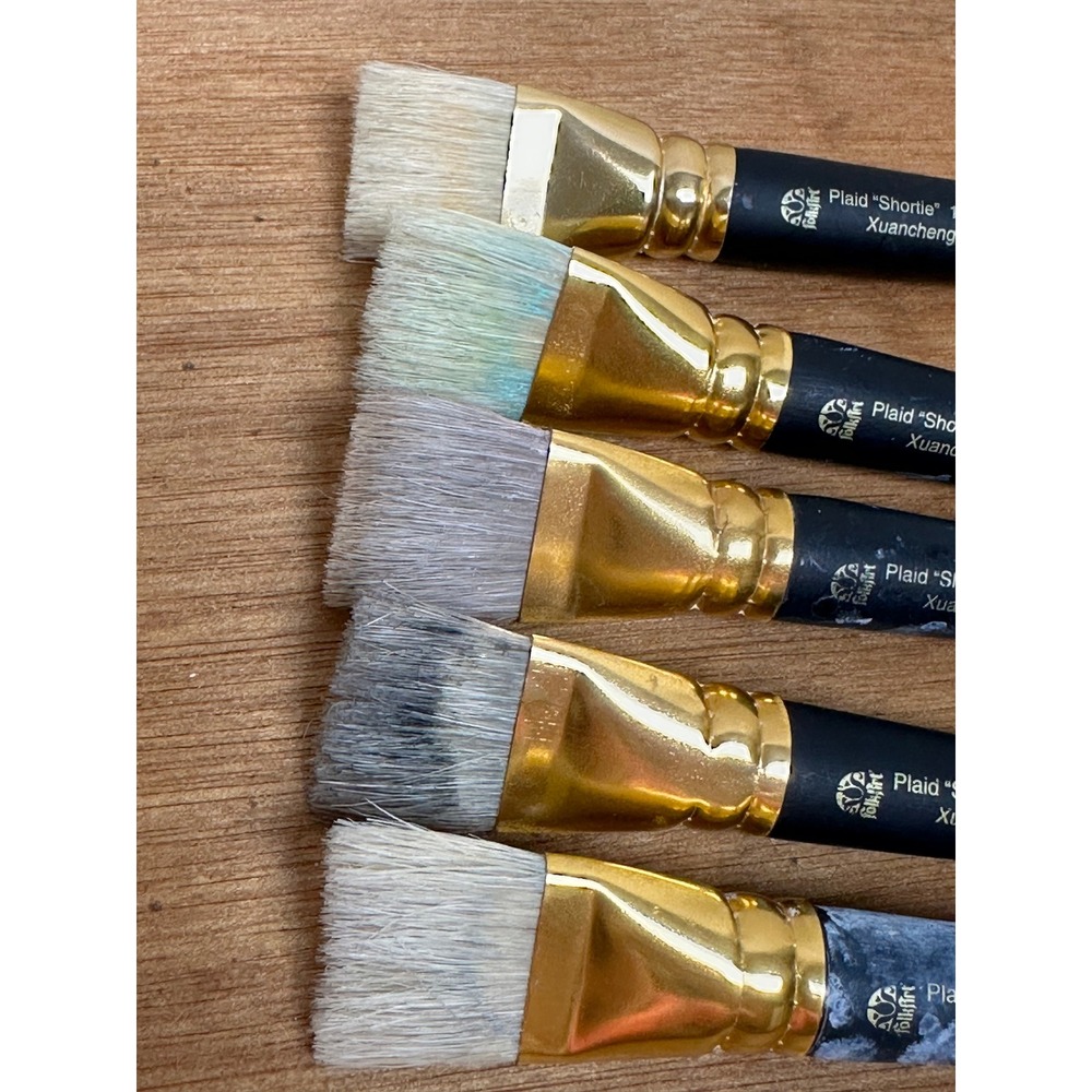 Used Plaid FolkArt Shorte Paint Brushes Black Gold Flat Bristle 5pc Set